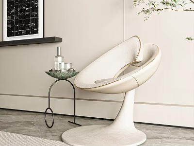 Modern Beige Leisure Chair Curved Swivel Base with Glass Side Table in Minimalist Room 3d model