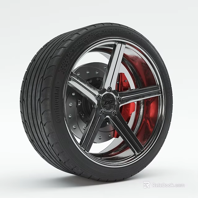 Car Wheel With Black Tire Silver Alloy Spokes And Red Brake Caliper Design 3d model 