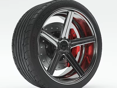 Car Wheel With Black Tire Silver Alloy Spokes And Red Brake Caliper Design 3d model