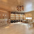 Wooden Bar Interior with Pendant Lights Bar Counter Wine Racks Wheel Decorations and Flooring