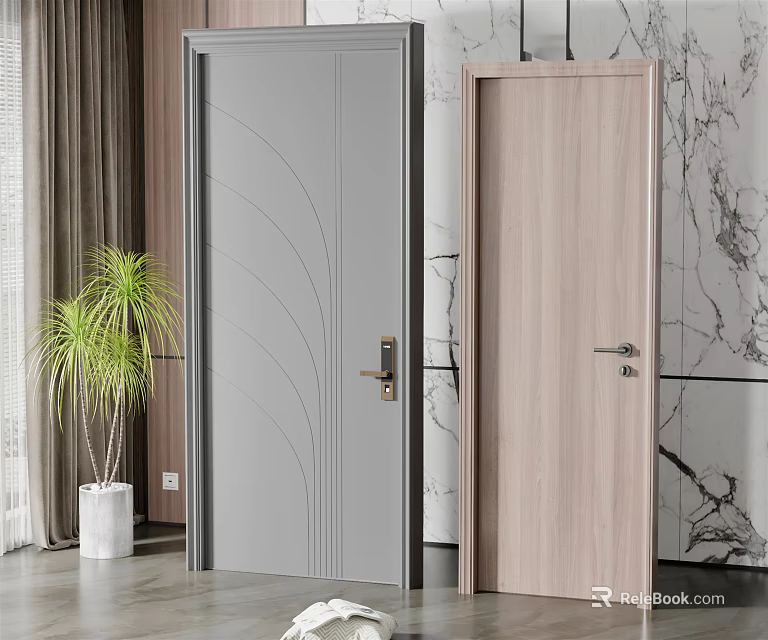 Modern Gray and Light Wood Hinged Doors with Curved Lines in Interior Design 3d model 