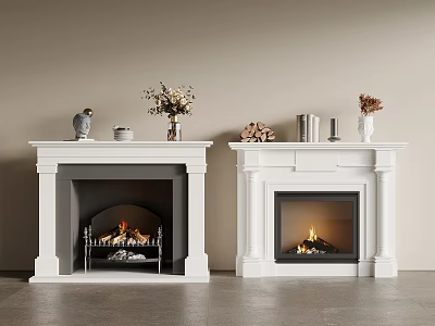 Two White Fireplaces With Burning Flames And Decorative Items On Mantels 3d model
