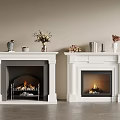Two White Fireplaces With Burning Flames And Decorative Items On Mantels