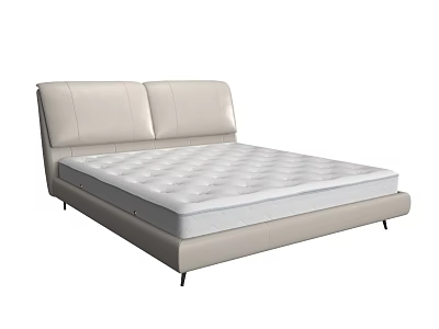 Modern Double Bed With Leather Headboard White Mattress And Metal Legs 3d model