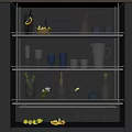 Modern Decorative Item Set on Black Shelves with Glassware Drinkware and Decorative Bottles