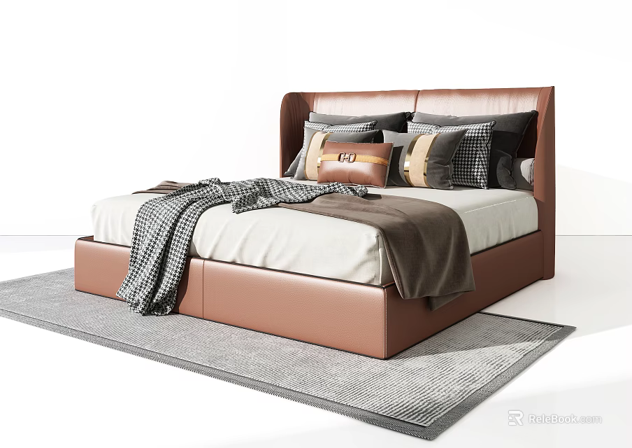 Modern Double Bed With Brown Leather Headboard Multicolored Pillows And Cozy Throws 3d model
