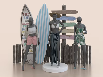 Tropical Vacation Themed Decorative Ornament Set With Surfboards Directional Signpost Mannequins And Wooden Fence 3d model