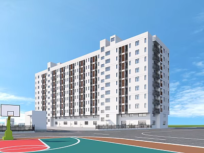 Modern White Multi Story School Building With Basketball Court Under Blue Sky 3d model