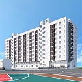 Modern White Multi Story School Building With Basketball Court Under Blue Sky
