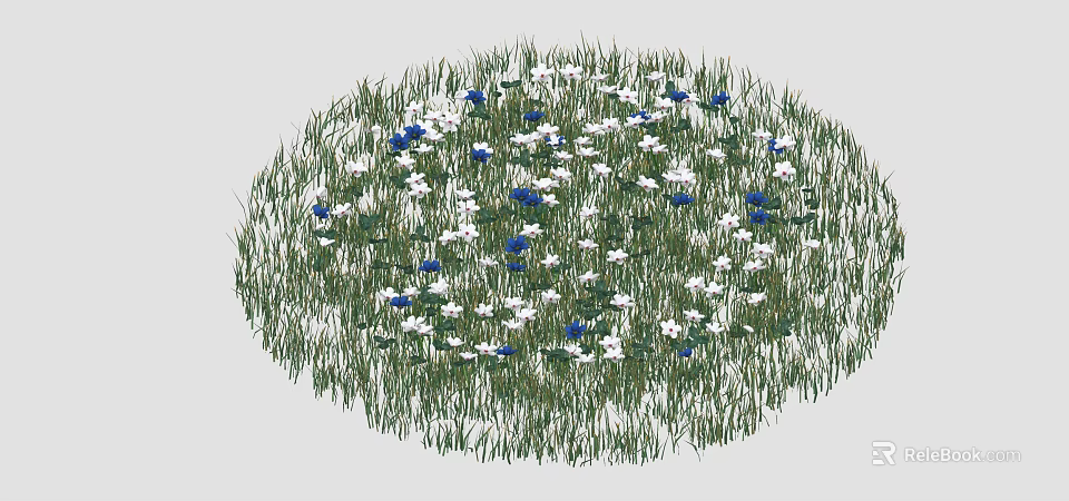 Round Flower Bed With White And Blue Blooms And Green Grass 3d model 