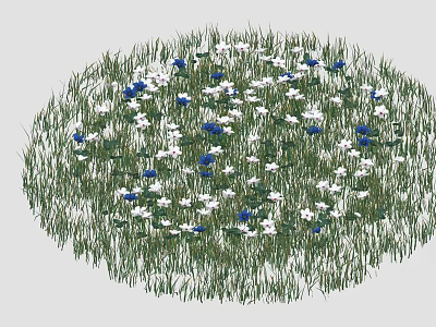 Round Flower Bed With White And Blue Blooms And Green Grass 3d model