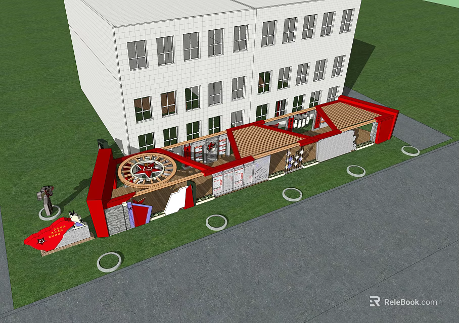 Modern Garden Landscape With White Building Red Structure Green Lawn And Circular Elements 3d model