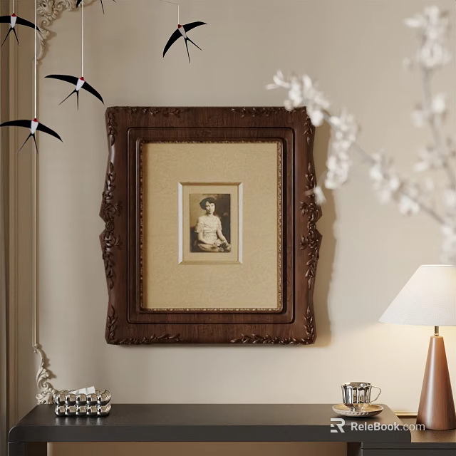 Vintage Carved Wooden Frame With Old Photo On Wall And White Flower Branches Table Lamp 3d model 