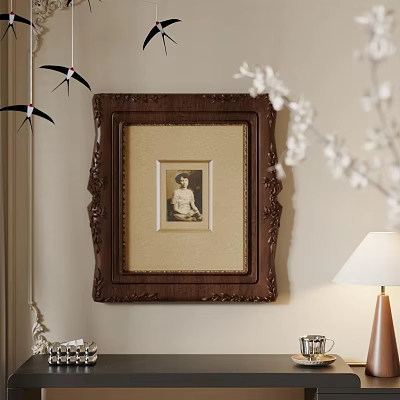 Vintage Carved Wooden Frame With Old Photo On Wall And White Flower Branches Table Lamp 3d model