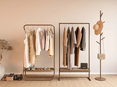 Modern Clothing Racks With Clothes Shoes And Accessories In Minimalist Room 3d model