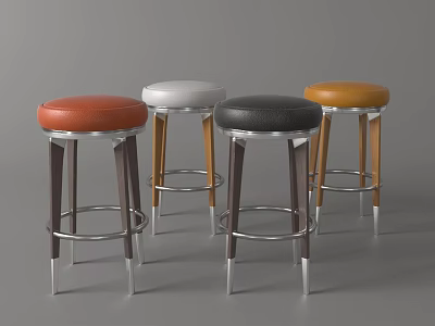 Modern Bar Stools With Orange White Black Yellow Leather Round Seats Metal Frames Wooden Legs 3d model