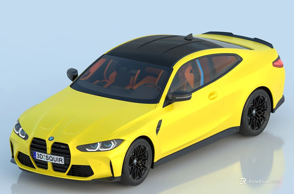 Yellow Sporty Coupe Car With Black Roof Wheels And Orange Seats 3d model 