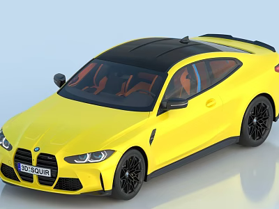 Yellow Sporty Coupe Car With Black Roof Wheels And Orange Seats 3d model