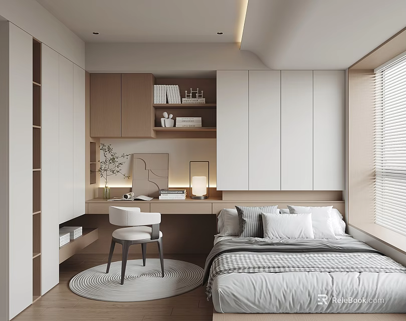 Cozy Tatami Bedroom Interior Design With Tatami Bed Writing Desk White Chair And Window Blinds 3d model 