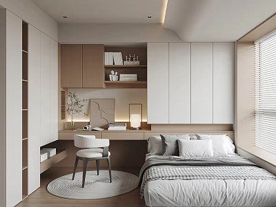 Cozy Tatami Bedroom Interior Design With Tatami Bed Writing Desk White Chair And Window Blinds 3d model