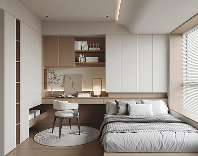 Cozy Tatami Bedroom Interior Design With Tatami Bed Writing Desk White Chair And Window Blinds 3d model