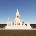 Traditional White Pagoda Landscape Sculpture With Golden Spire And Small Spires On Grass Field