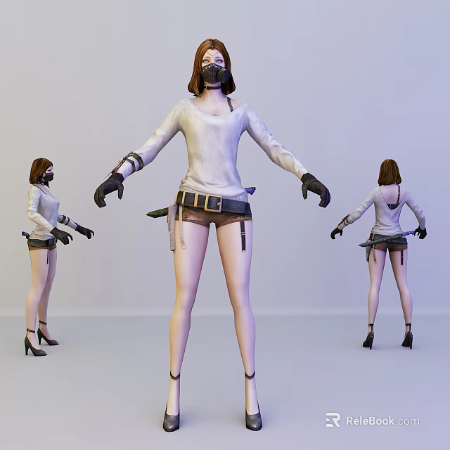 Game Movie Character With Three Angles White Long Sleeve Top Black Shorts And Weapon 3d model 