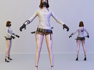 Game Movie Character With Three Angles White Long Sleeve Top Black Shorts And Weapon 3d model