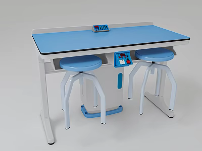 Functional Desk with Blue Tabletop White Legs Control Panel and Blue Stools 3d model