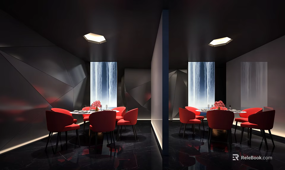 Elegant Modern Private Dining Room with Red Chairs Dining Table Waterfall Wall Decor and Lighting 3d model 