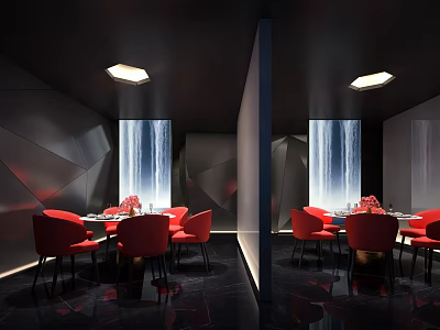 Elegant Modern Private Dining Room with Red Chairs Dining Table Waterfall Wall Decor and Lighting 3d model