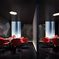 Elegant Modern Private Dining Room with Red Chairs Dining Table Waterfall Wall Decor and Lighting 3d model