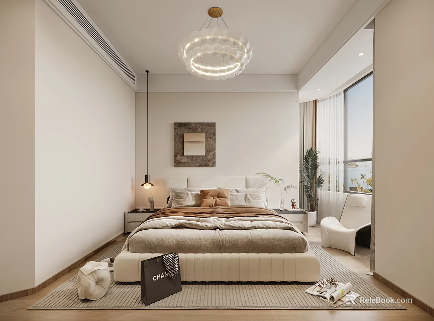 Modern Bedroom Interior Design With Chandelier Upholstered Bed Nightstand Lamp Area Rug And Armchair 3d model 