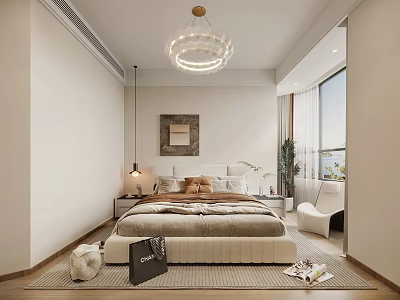 Modern Bedroom Interior Design With Chandelier Upholstered Bed Nightstand Lamp Area Rug And Armchair 3d model