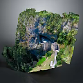 Cartoon Scene With Mountain Cliff Lush Forest Cave Castle And Waterfall