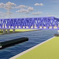 Blue Steel Structure Bridge Over Water With Boat Roads Green Fields And Mountains