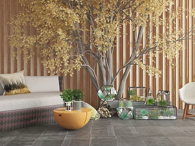 Indoor Potted Plants Decor With Glass Containers Sofa And Yellow Tree Decoration 3d model