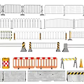 Different Types of Metal Fences and Temporary Traffic Barriers with Road Cones