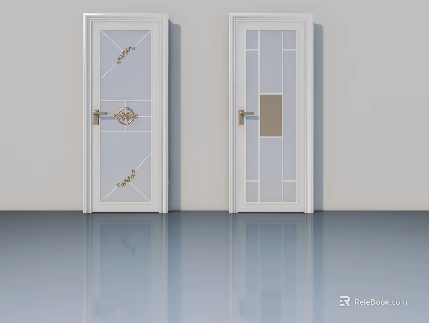 Modern Swing Doors With White Frame Glass Panels And Metal Handles 3d model 
