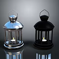 Silver And Black Metallic Lanterns With Lit Candle On Dark Surface And Reflections