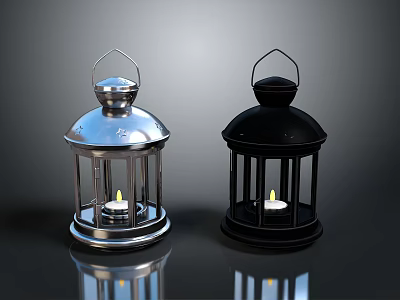 Silver And Black Metallic Lanterns With Lit Candle On Dark Surface And Reflections 3d model