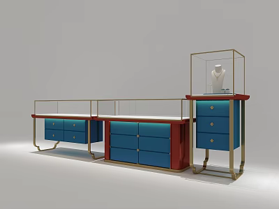 Jewelry Store Display Design With Blue Red Cabinets Golden Frame And Glass Case 3d model