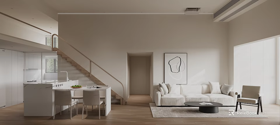 Modern Minimalist Living Dining Room With Staircase White Sofa And Wooden Floor 3d model 