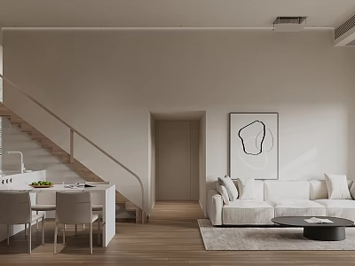 Modern Minimalist Living Dining Room With Staircase White Sofa And Wooden Floor 3d model
