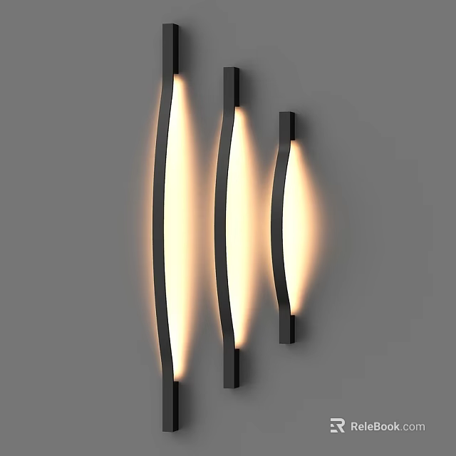 Modern Curved Black Wall Lamps with Warm Yellow Light on Gray Wall 3d model 