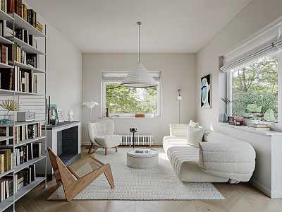 Minimalist Living Room Interior With White Sofa Wooden Chair And Built in Bookshelves 3d model