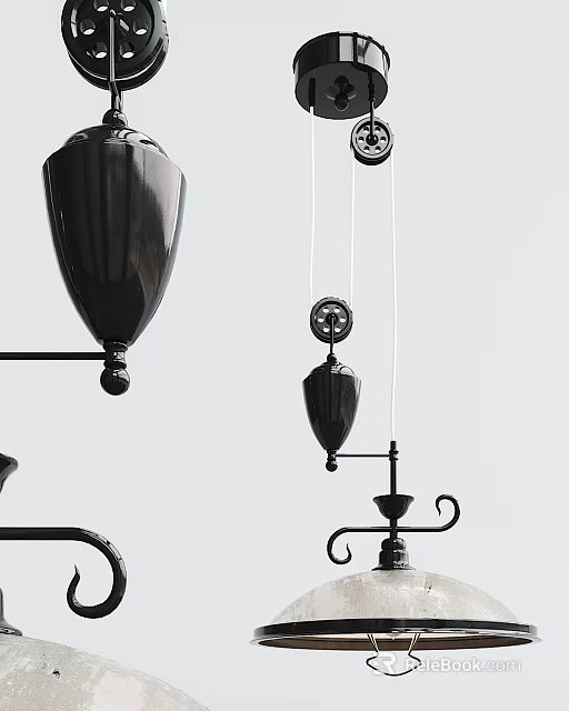 Black Vintage Chandelier with Decorative Pulley Structure for Home Decor 3d model 