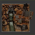 Scenic Red Rock Landscape With Waterfall Mechanical Crane And Multi Level Buildings