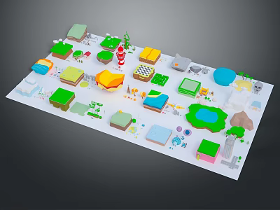 Green Plants in Colorful Miniature Urban Park Model with Trees Lawns Buildings and Water Pool 3d model