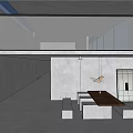 Modern Minimalist Lounge Area With Gray Walls Large Windows Wooden Tabletop And Stone Seats